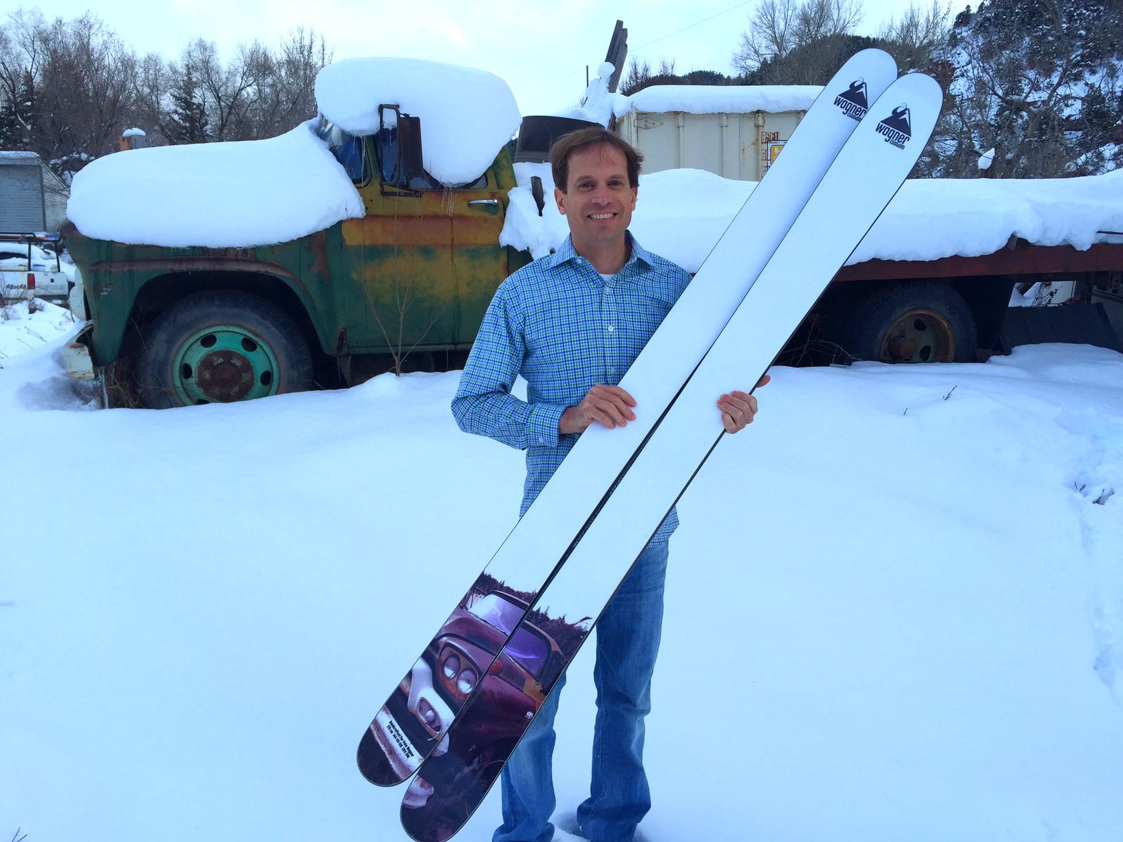 Pete Wagner, his skis and the truck that inspired them