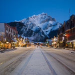 Evening view of main street of mountain town (Banff), Canadian Rockies.