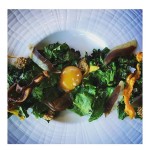 burnt mustard greens salad with duck prosciutto