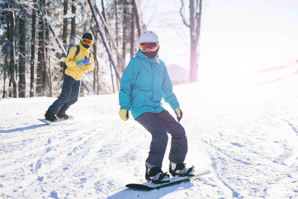 skiing, snowboarding, couple