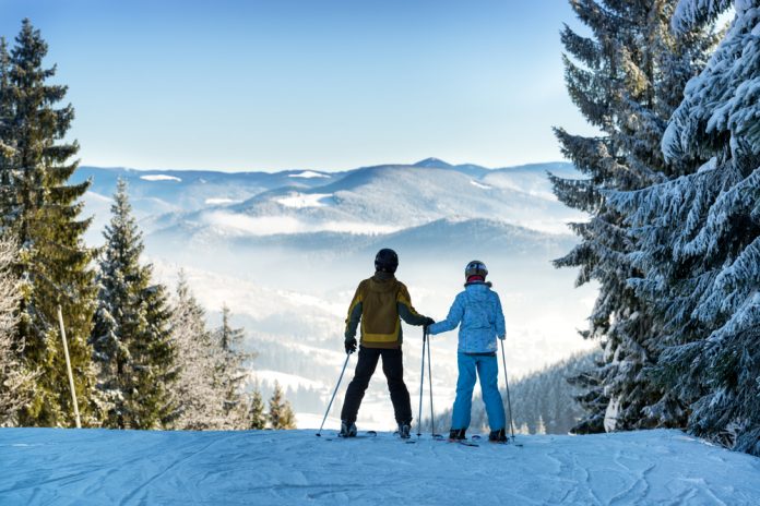 ski, snowboard, couple