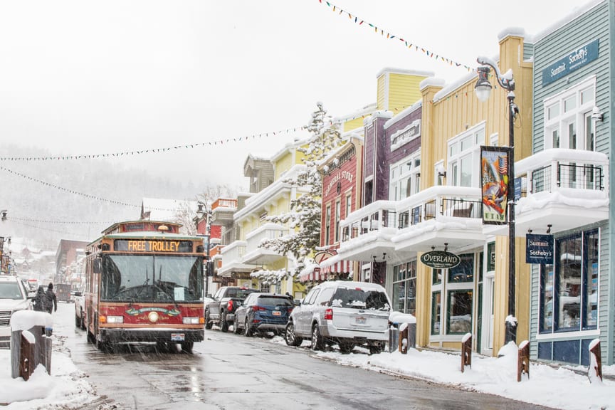 trolley on main street on snowy day