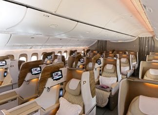Cut price Emirates business class fare to ski in Europe emirates business class cabin