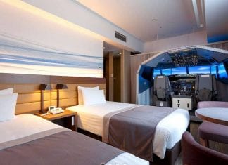 Aviation geeks will love this hotel with flight simulator in Japan Flight Simulator hotel room