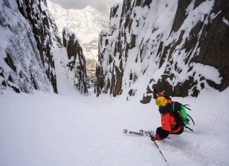 Two skiers just conquered this couloir on Cradle Mountain Tasmania