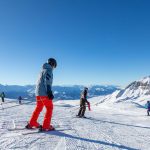 Skiers on the GRand Massif ski area’s Mephisto piste from Les Grandes Platieres.