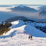 View down the Grand Massif ski area’s Perce Neige run towards Le Mole and the Arve Valley.